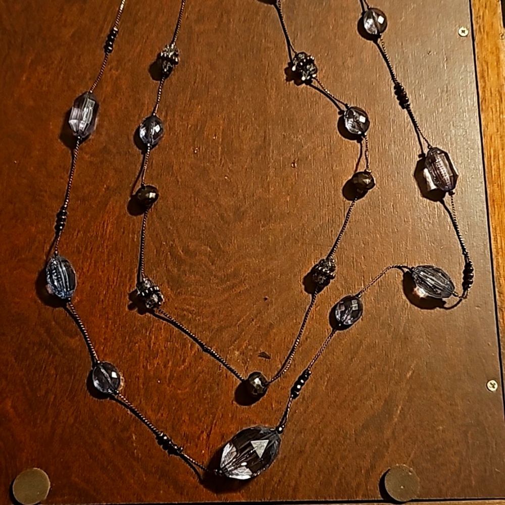 Silvertone Long Necklace with Grayest/Blue Iridescent Glass Beads, 42"